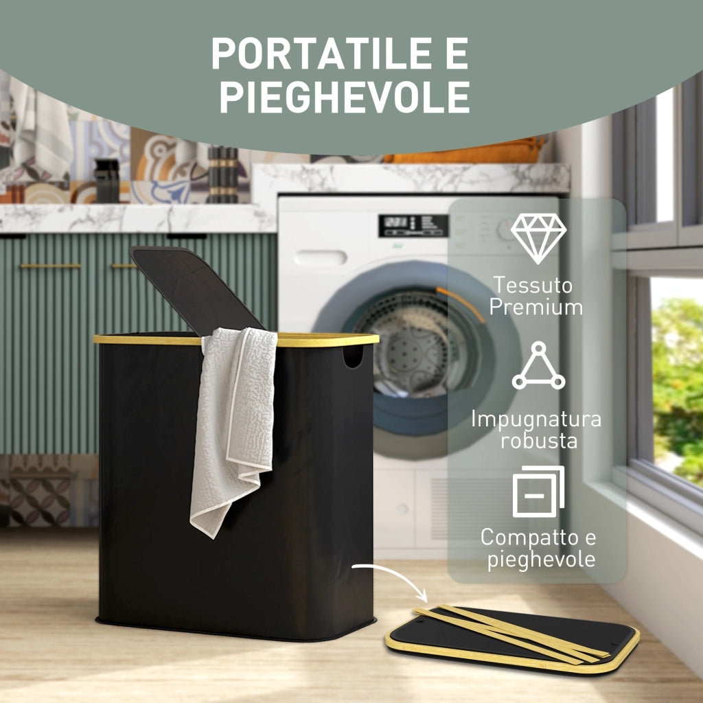 Cesto Portabiancheria 2 Sezioni con Coperchio ¨C Zephmum ¨C Tessuto non Tessuto Bamb¨´ Nero 54x34x58.5 cm