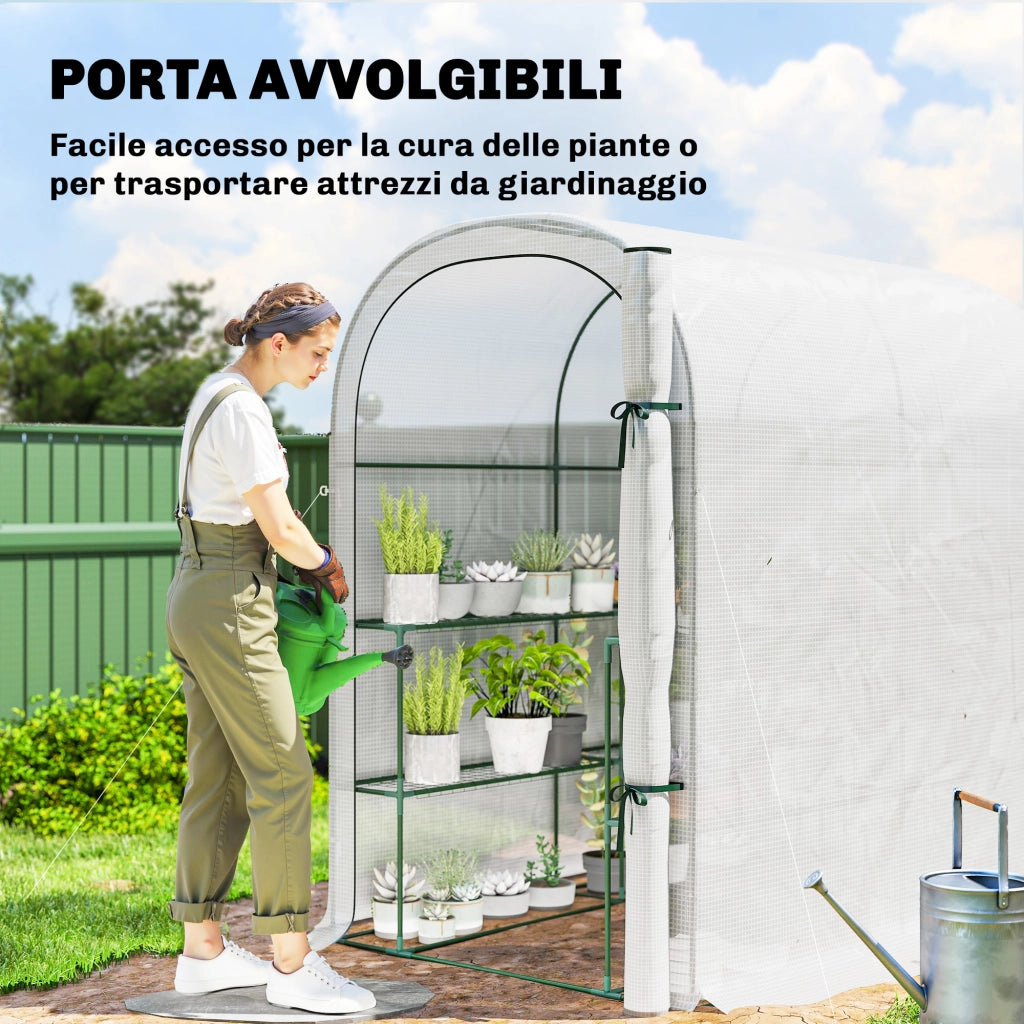 Serra da Giardino 123x187x189 cm con Scaffali a 2 Livelli e Porta Avvolgibile in Acciaio e PE Bianco