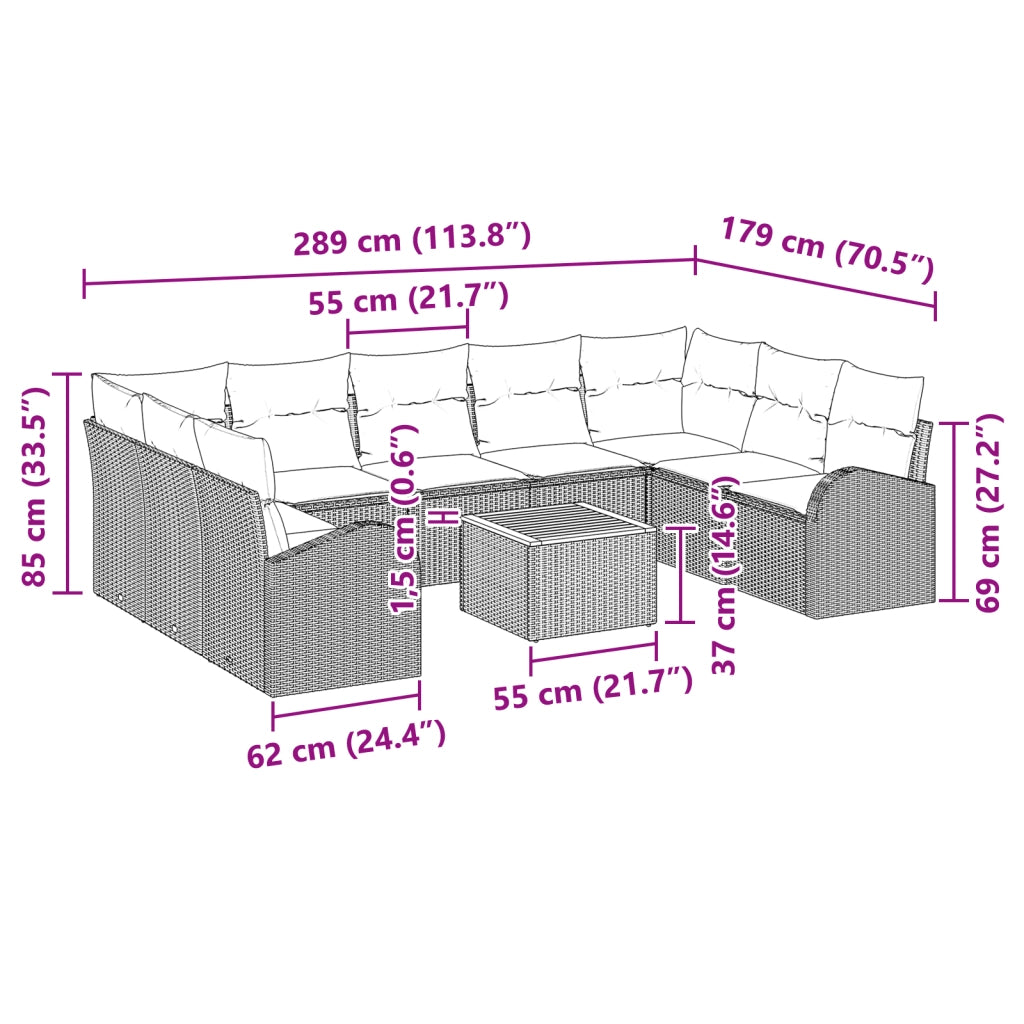 Set divano da giardino di 10 pezzi con cuscini beige polyrattan acacia
