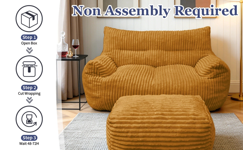 Poltrona pouf grande in flanella gialla, design ergonomico, imbottitura in memory foam, pronta all’uso