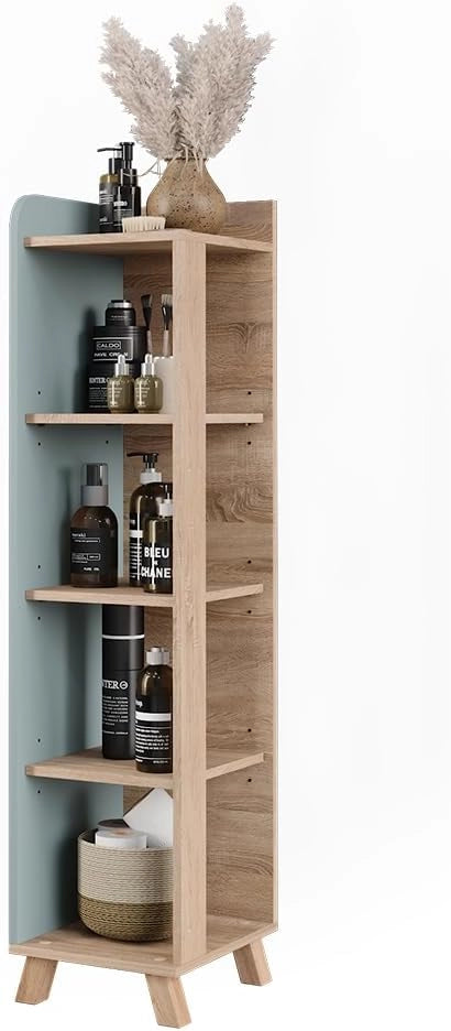 Mensola da bagno Karen, Sonoma/blu, 30 x 128 cm con 4 scomparti, per la conservazione di accessori da bagno e combinabile