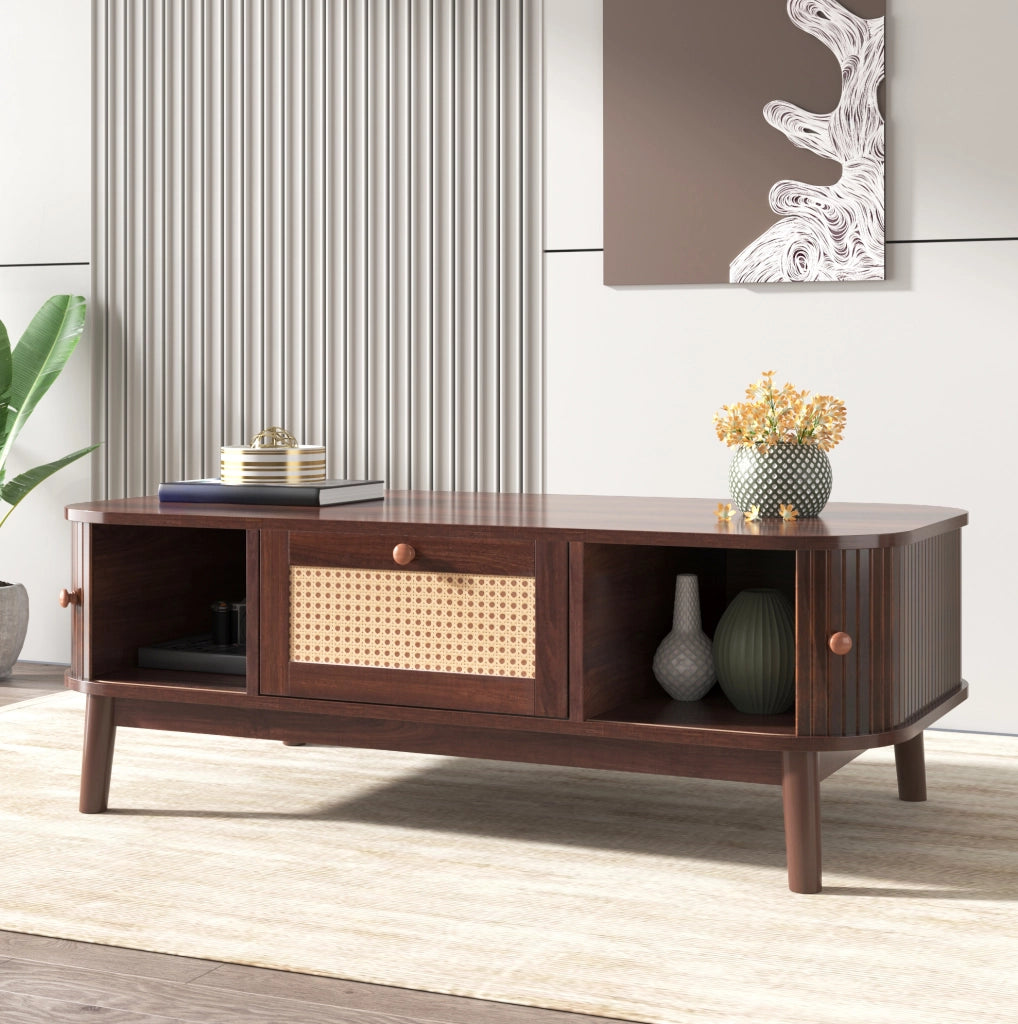 Tavolino da caffè 110x55x38;5 cm con cassetti e ante in MDF; naturale
