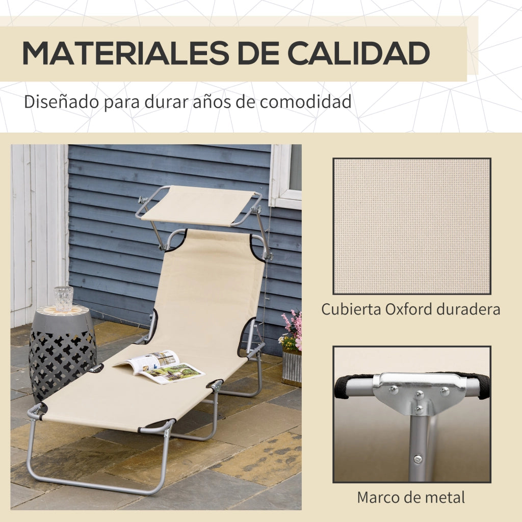 Tumbona Pieghevole con Toldo e Schienale Regolabile per Giardino e Terrazza ¨C Zephmum ¨C 187x58x36 cm Beige