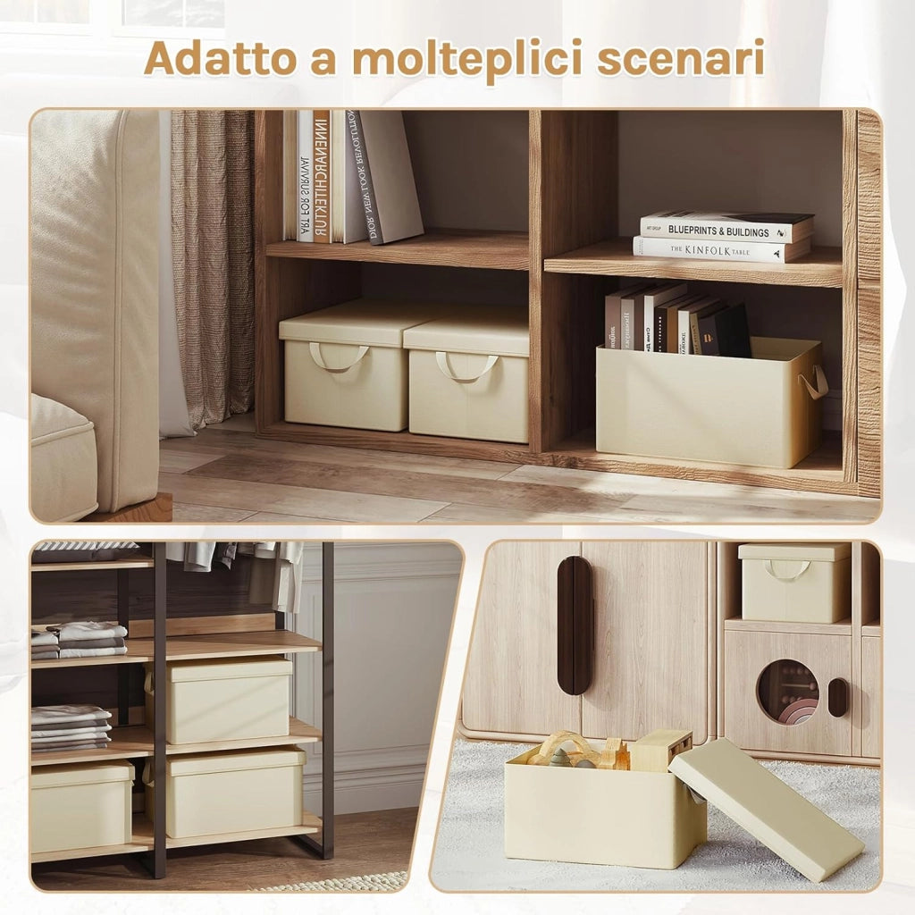 Scatole portaoggetti in Tessuto 6 Pezzi, Contenitori pieghevoli con Coperchio e Maniglie, per Vestiti da Armadio, Crema, 48x36x30cm