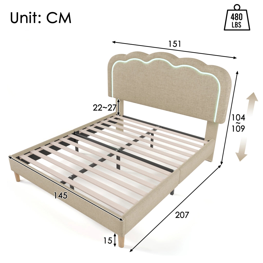 Letto Matrimoniale 140×200 cm con Testiera Regolabile e LED; senza Materasso; in Lino; Beige