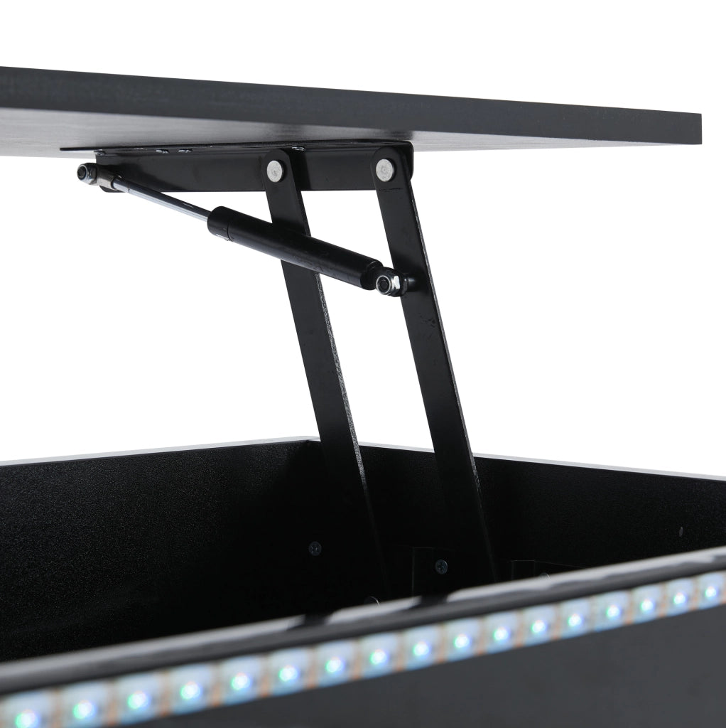Tavolino da caffè 96x45x40 cm con piano sollevabile; LED e ampio vano contenitore in truciolato nero