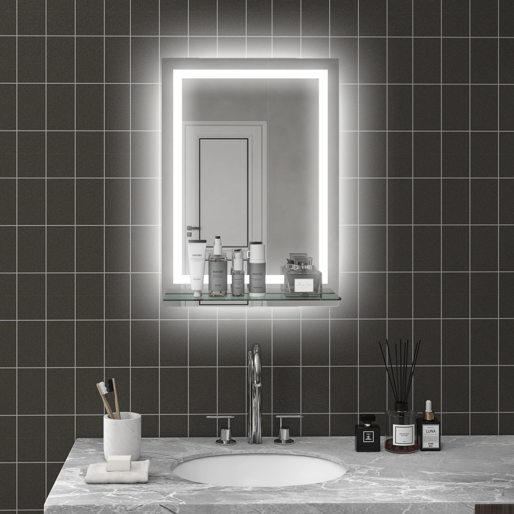 Specchio da Bagno con LED e Ripiano in Vetro ¨C Zephmum ¨C 50x70 cm Argento