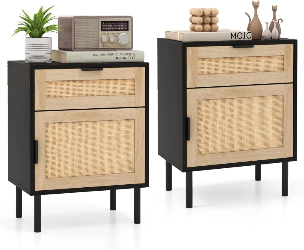 Confezione da 2 Comodini Moderni, Tavolino in Rattan con Cassetto e Armadietto, Gambe in Metallo Robusto, Tavolino di Metà Secolo per Soggiorno, Camera da Letto, Ufficio (Nero)