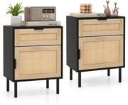 Confezione da 2 Comodini Moderni, Tavolino in Rattan con Cassetto e Armadietto, Gambe in Metallo Robusto, Tavolino di Metà Secolo per Soggiorno, Camera da Letto, Ufficio (Nero)