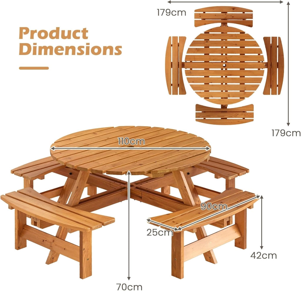 Tavolo da Picnic per 8 Persone con Foro per Ombrellone, Tavolo con Panche in Legno di Abete, Set da Giardino Esterno per Bar, Agriturismo, Sagra, Patio, Balcone, φ179 x 70 cm (Giallo)