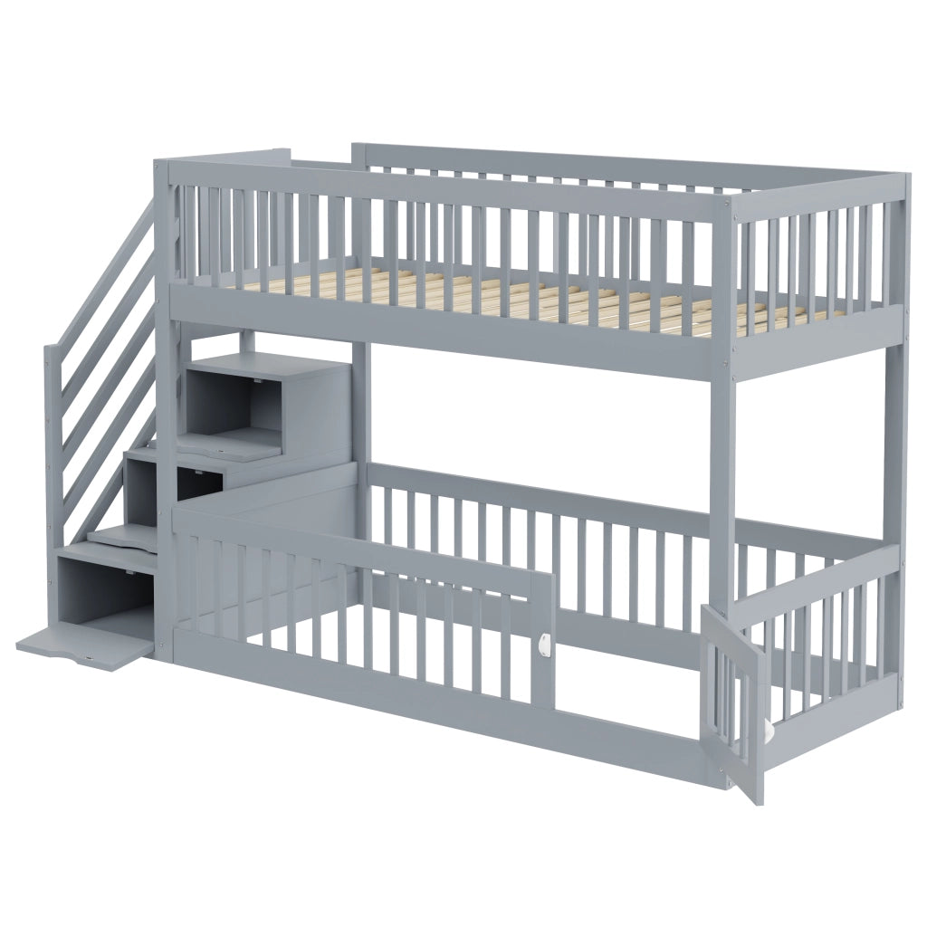 Letto a castello per bambini 90x200 - Zephmum - Grigio con scala di sicurezza e cassetti