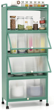 Armadio da Cucina a 5 Piani, Mobile per Microonde con Porte PC a Scomparsa, con 4 Ruote Girevoli, per Sala da Pranzo Soggiorno e Studio, 60x32x154 cm (Verde)