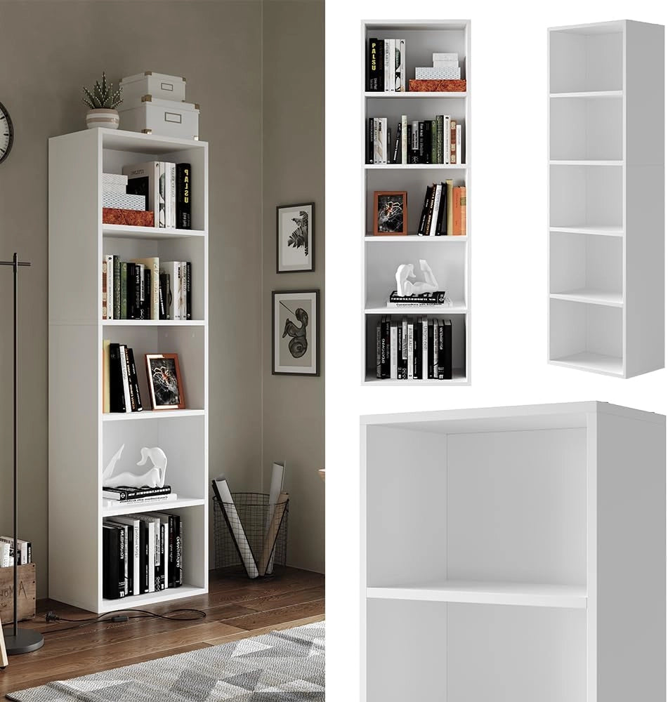 Scaffale Bob, Bianco, 40 x 132 cm con 5 scomparti, per la conservazione e la presentazione di libri e raccoglitori