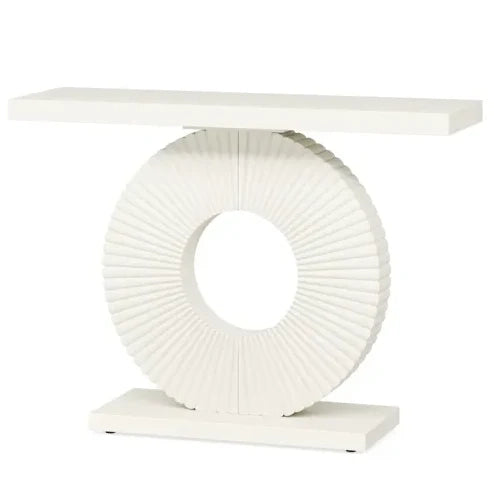 Tavolo consolle bianco in MDF e metallo con base geometrica floreale