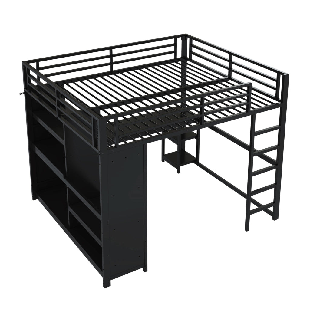 Letto a soppalco 160x200 cm con LED; scrivania e guardaroba aperto in metallo nero
