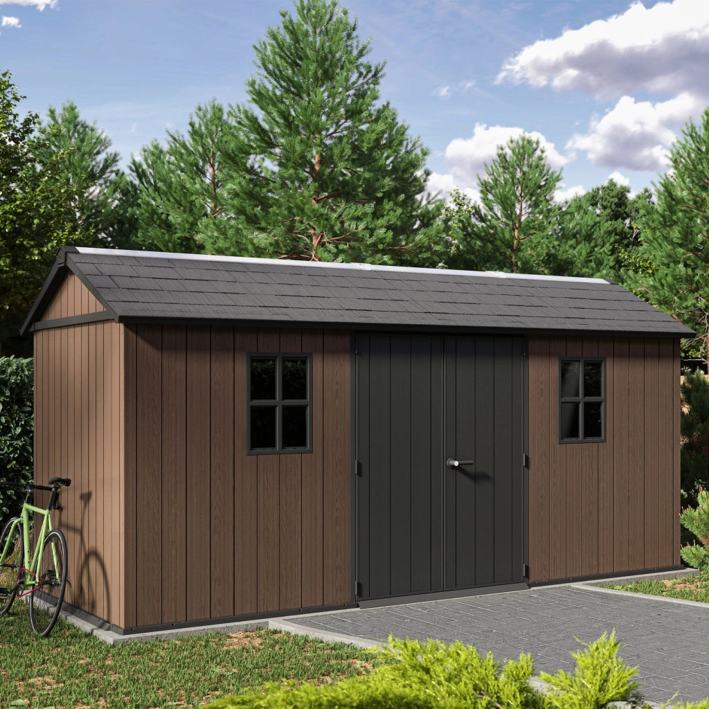 Newton + 7515/1575- Casetta da Giardino 476x246x230 cm 2 Ante per deposito attrezzi finitura effetto legno Evotech+ in Resina Marrone e Nero