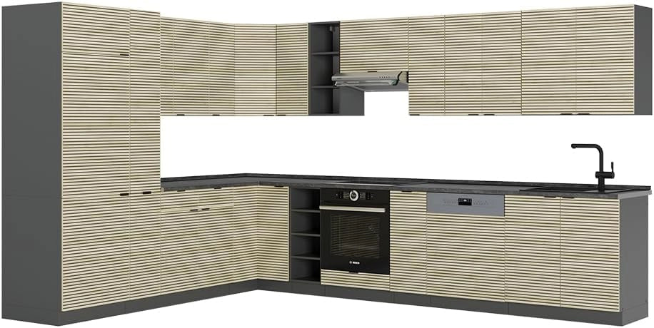 Cucina angolare completa Fame-Line, Pannello in rovere/antracite, 347 x 257 cm senza piano di lavoro