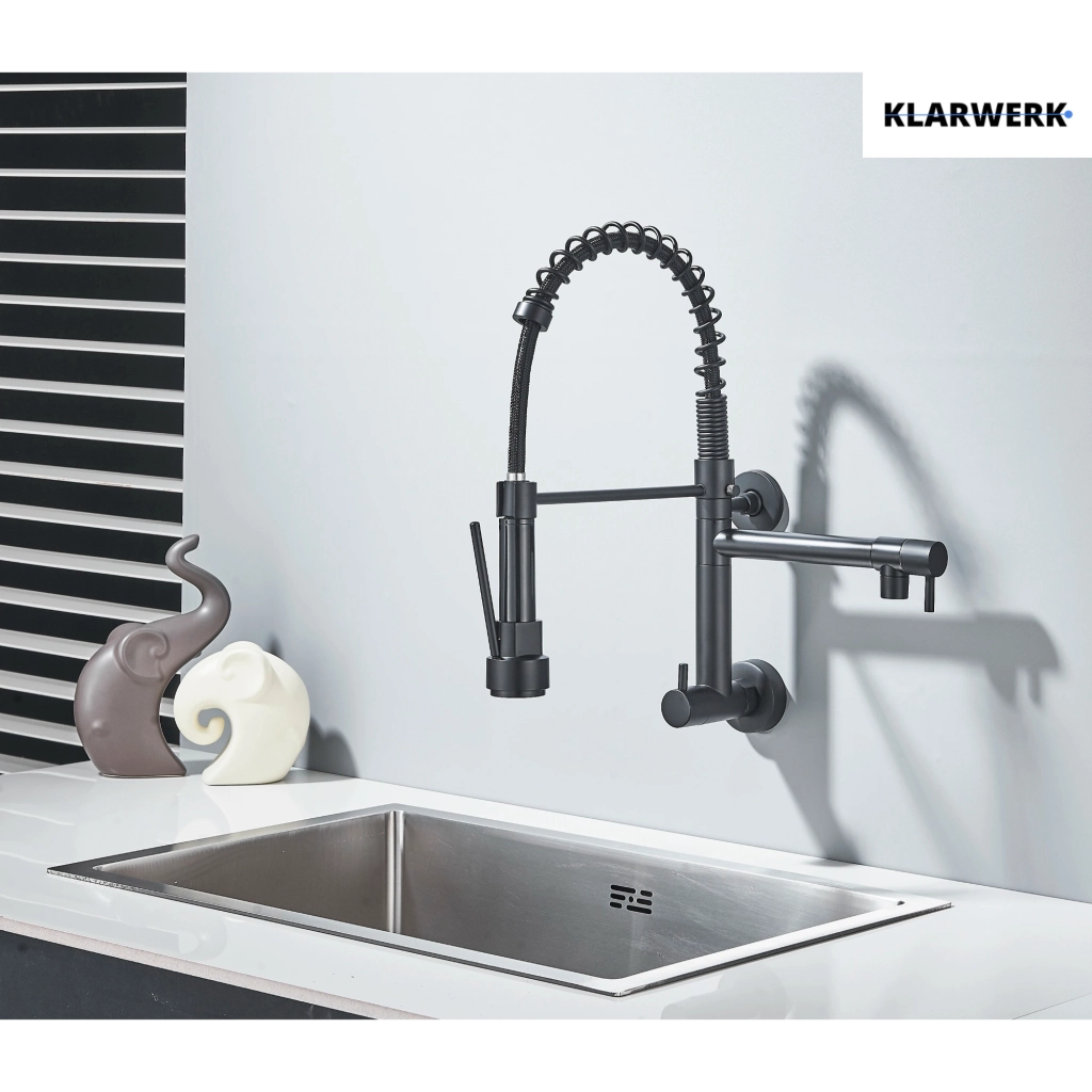 Björn | gastronomia rubinetto monoforo a parete per acqua fredda nero|rubinetto cucina professionale acciaio inox due docce|doppio lavello ristorante