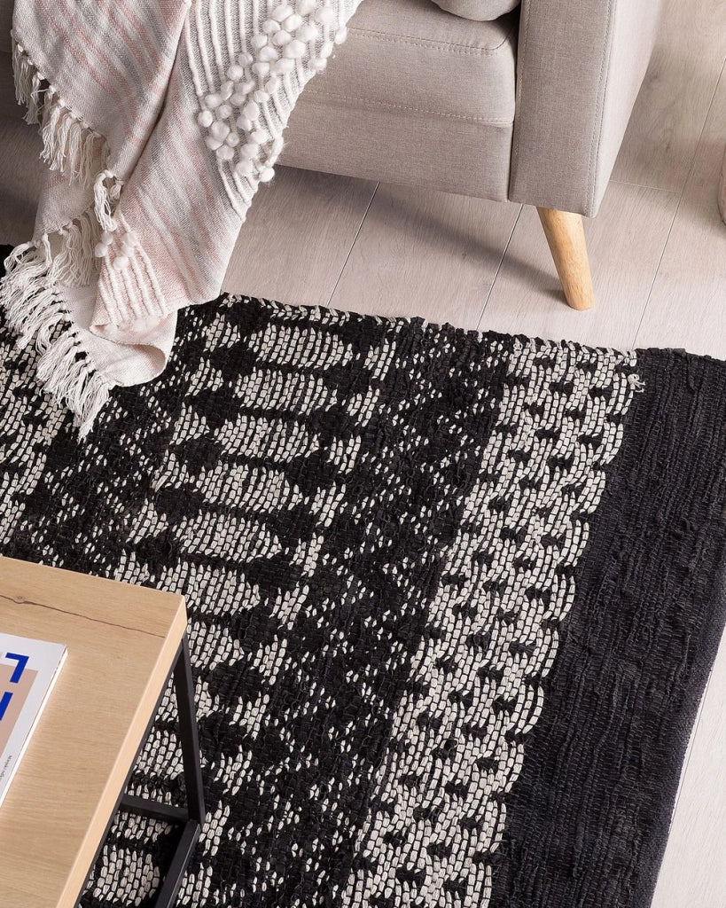 Tappeto tappetino Nero con Rettangolo Bianco 140 x 200 cm Moderno Contemporaneo Telato a mano in pelle di cotone fatto a mano