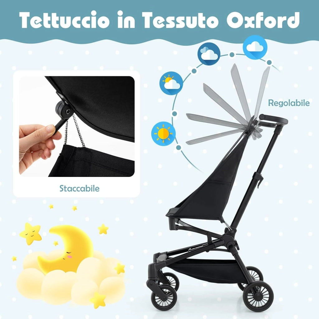 Passeggino Leggero per Bambini, Passeggino Compatto con Tettuccio Regolabile, Cestino di Stoccaggio e Ruote, Passeggino Pieghevole per Bambini 6+ Mesi