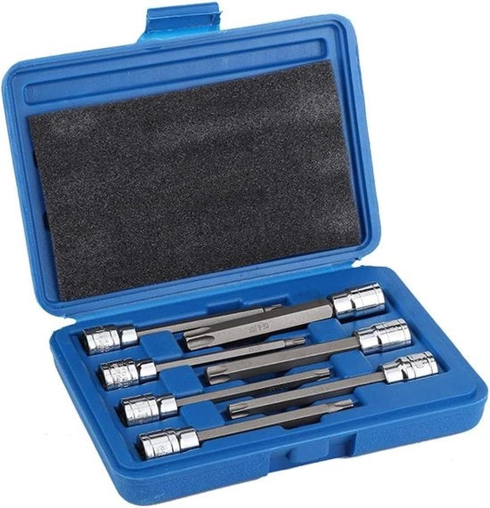 Set di chiavi Torx metriche professionali extra lunghe 3-8 pollici con bit T25-T60 e scatola blu.