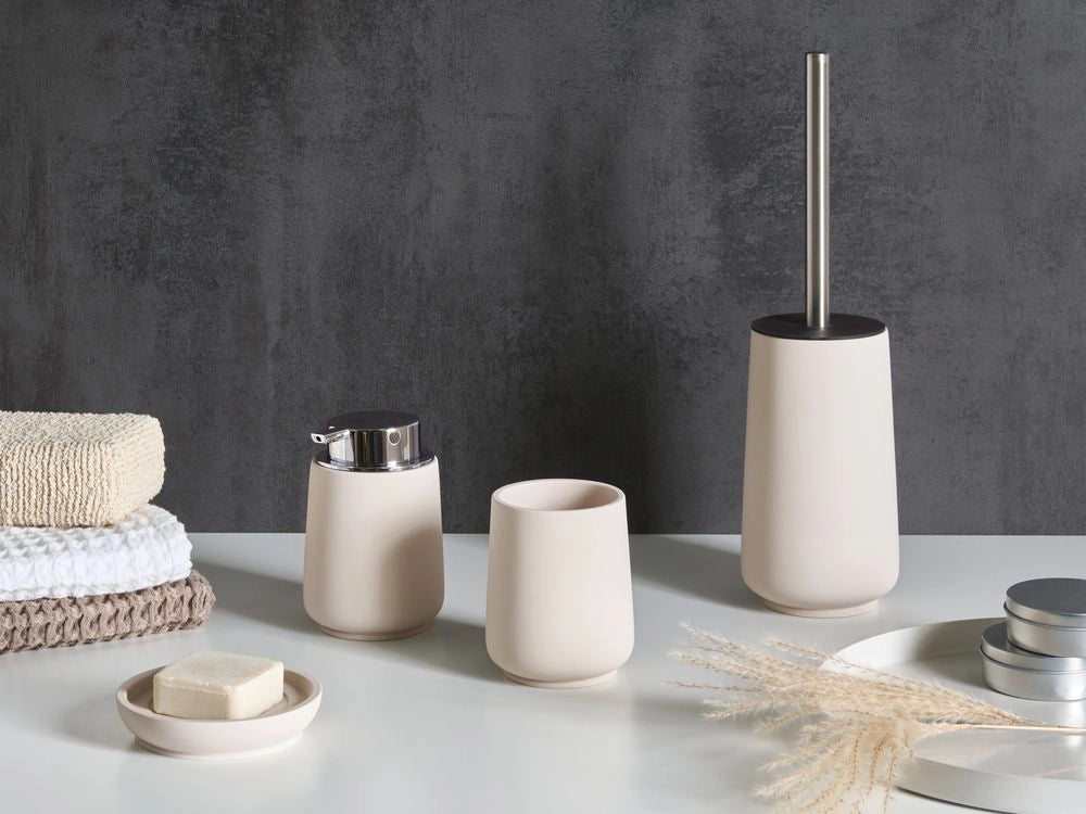 Set di 4 accessori da bagno portasapone dispenser per sapone scopino per WC e bicchiere in poliresina beige