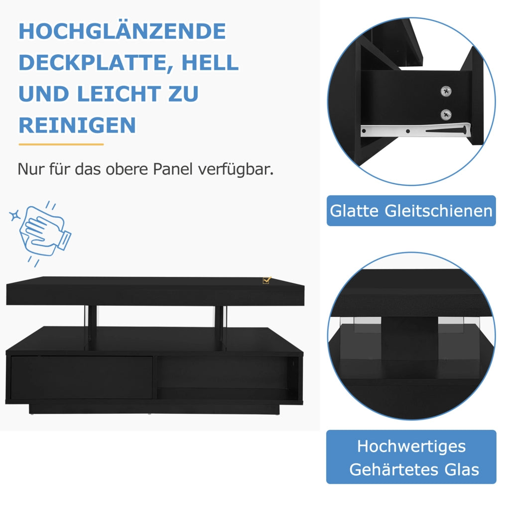 Tavolino da caffè nero lucido 95x50x42;5 cm con 4 inserti in vetro; 2 cassetti e 2 vani aperti