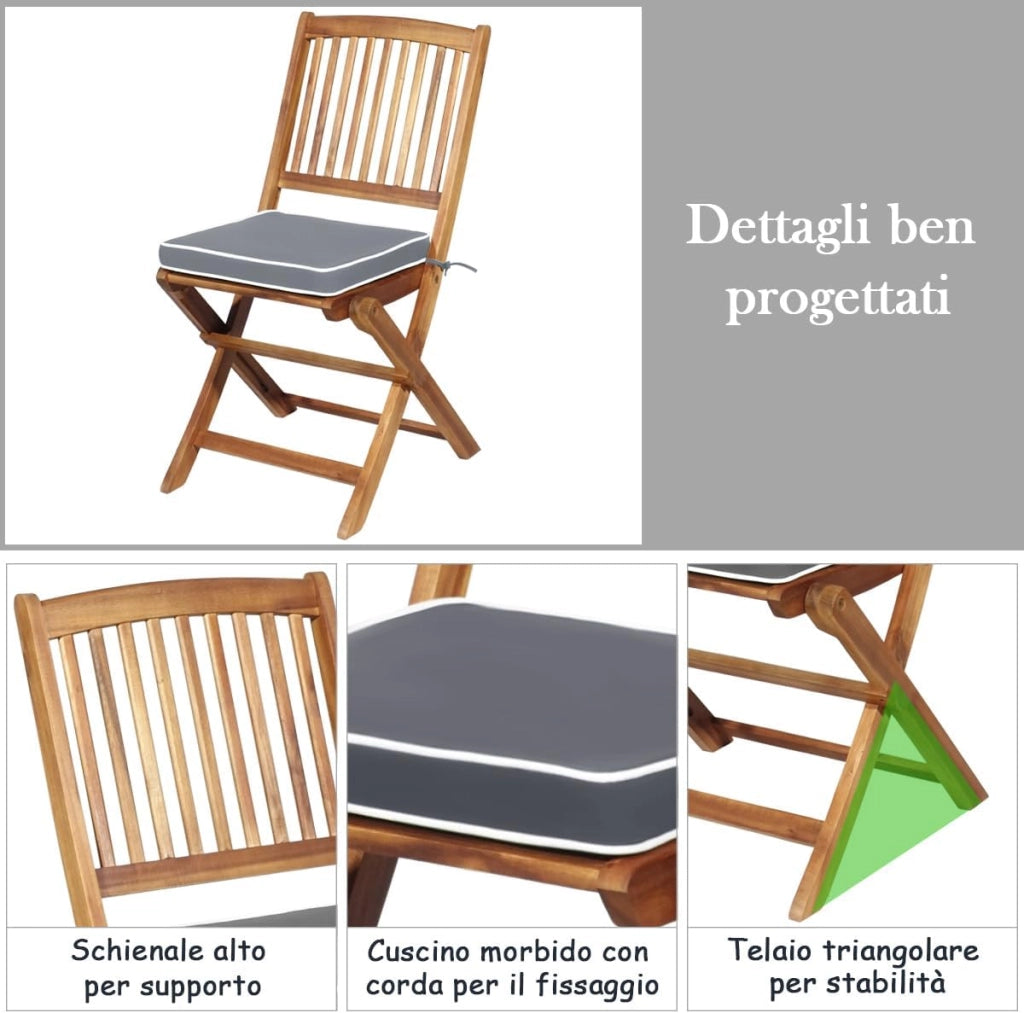 Set Tavolino e Sedie da Giardino, Set da Bistrò 3 Pezzi Pieghevole in Legno di Acacia, con Cuscino, Tavolino Portato 80 kg, Sedie Portate 160 kg (Cuscino Grigio)