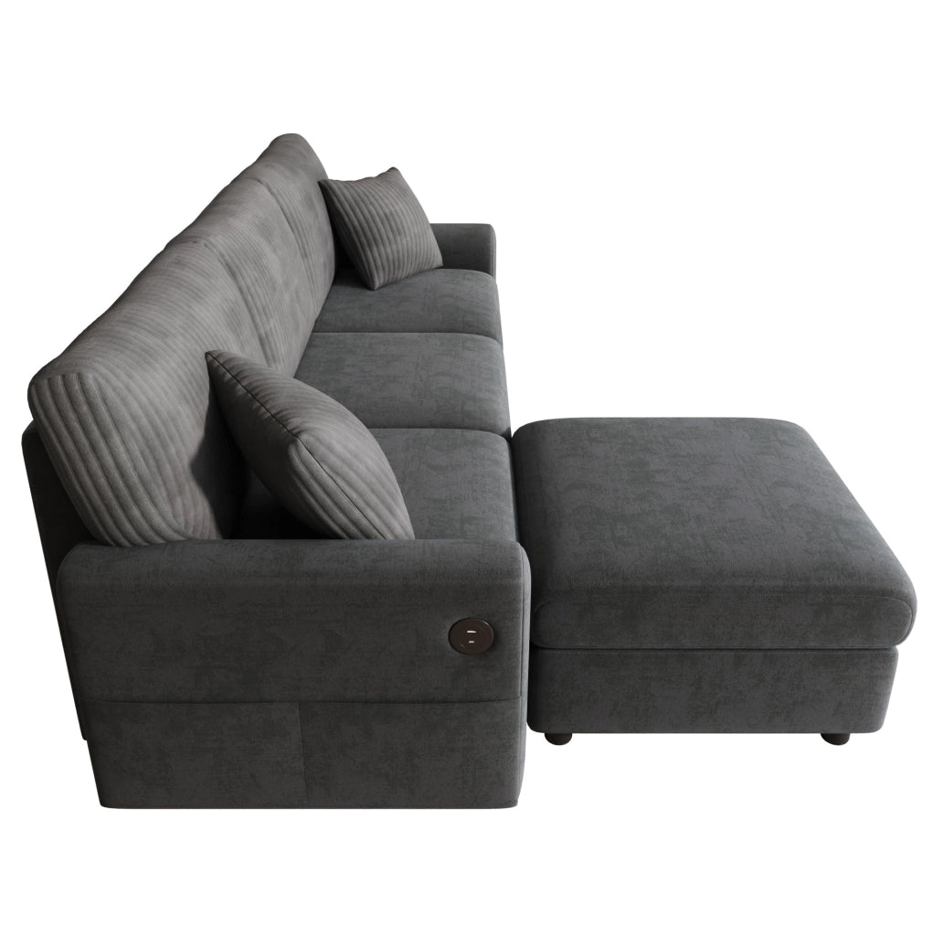 Divano con pouf; USB e Type-C; 223×146×84 cm; ciniglia e velluto a coste; grigio