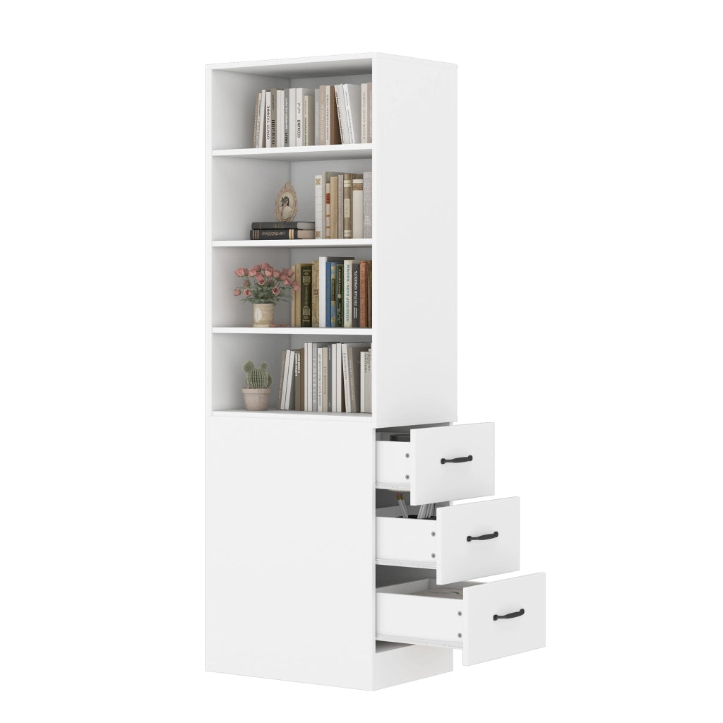 Libreria con 3 cassetti e 4 vani aperti, ripiani regolabili, per piccoli spazi, in truciolato, bianco, 60 × 38 × 180 cm