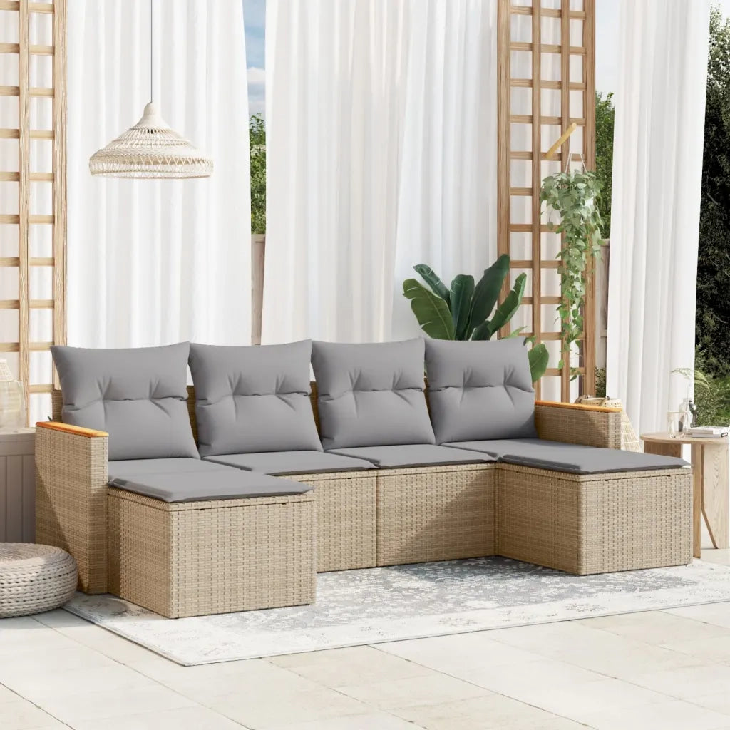 Set Divano da Giardino 6 pz | Set Salotto da Giardino con Cuscini Beige Misto Polyrattan