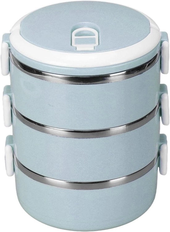 Thermos confezionato per cibo caldo, contenitore di cibo con chiusura sicura e gomma sigillante in silicone - scatola Bento isolata a tre piani (blu)