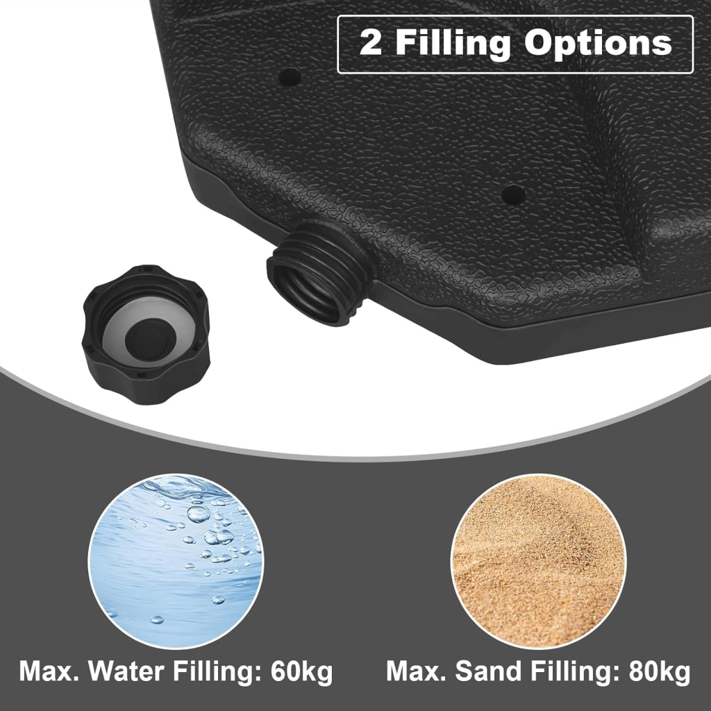 Base per Ombrellone, Supporto per Ombrellone in 4 Parti, a Croce a Terra, 60 L/80 kg, Riempibile con Acqua o Sabbia, con Connettori in Metallo, in Plastica, Quadrato, Nero