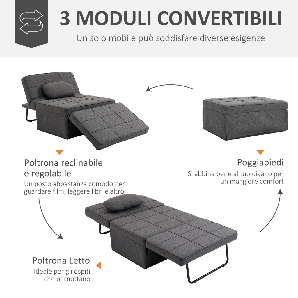 Letto Divano Poltrona con Schienale Regolabile e Cuscino in Tessuto ¨C Zephmum ¨C Grigio 95x179x78 cm