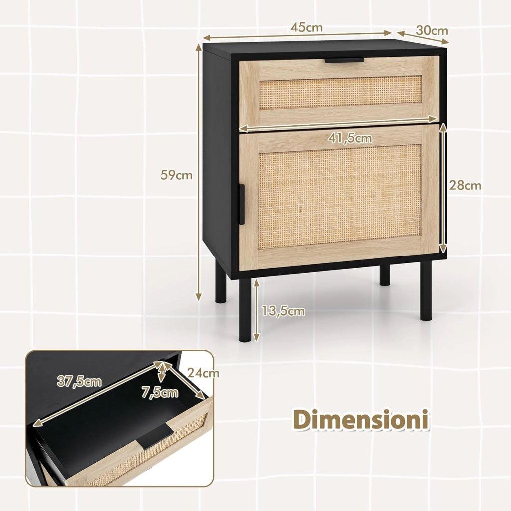 Set di 2 Comodini con Cassetto e Anta, Tavolini in Rattan Stile Bohémien Salvaspazio, Mobiletto Armadietto per Camera da Letto, Soggiorno e Ingresso, 45 x 30 x 59 cm (Nero)