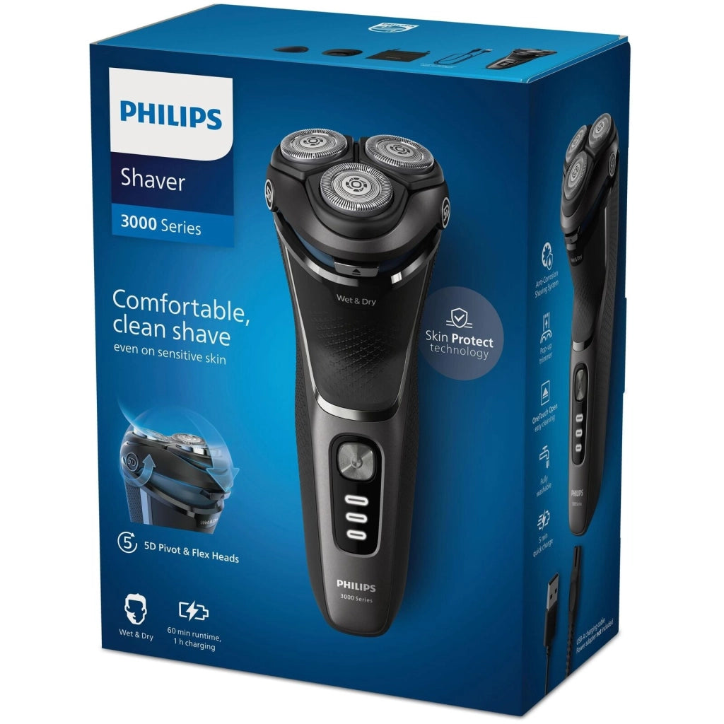 Philips S3343-13 Shaver Serie 3000 Rasoio elettrico rotativo Wet Dry 3 testine autonomia 60 min colore Nero Cromo