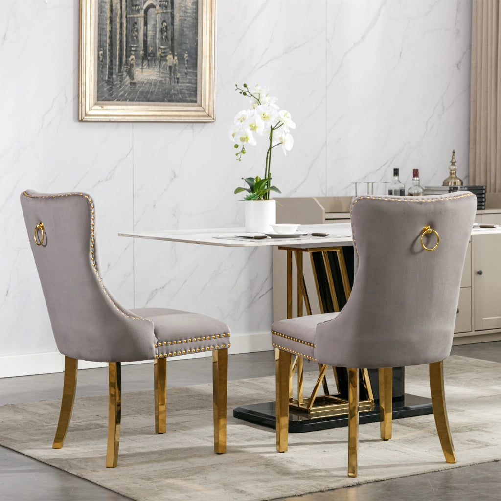 Sedie da Pranzo Imbottite in Velluto ¨C MINIMAL ¨C Set 2 Pezzi, Legno Massello, Gambe Oro, Grigio