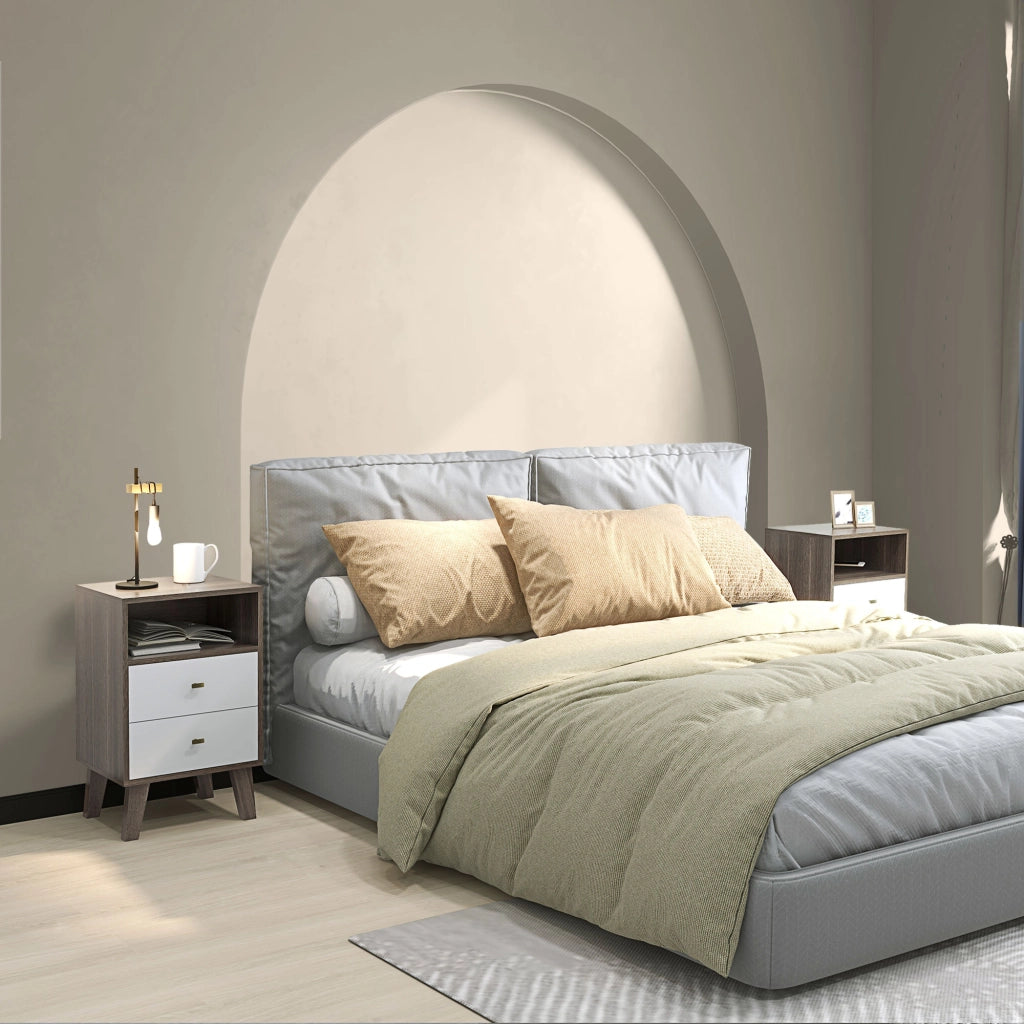 Set di 2 Comodini Moderni per Camera da Letto, Coppia di Comodini con 2 Cassetti e Vano Aperto, 40x34x64cm, Grigio e Bianco