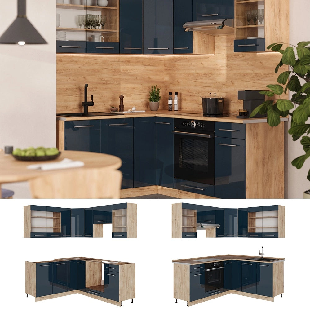 Mobili da cucina Fame-Line Blu scuro lucido/Rovere dorato 190 x 160 cm, PL Rovere Vicco