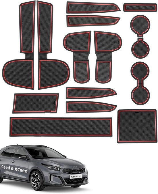 Materassini Antislip per Kia Ceed 2018-2024 2025, 15 pezzi di gomma per console centrale, cassetto, portabicchieri, vano portaoggetti, vano braccio, nero e rosso
