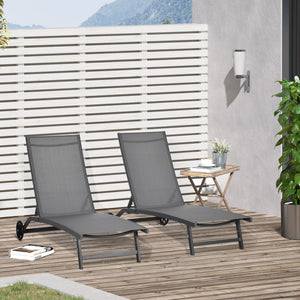 Set 2 Lettini Prendisole 66x165x102 cm con Schienale Reclinabile in Alluminio e Tessuto Traspirante Grigio Scuro