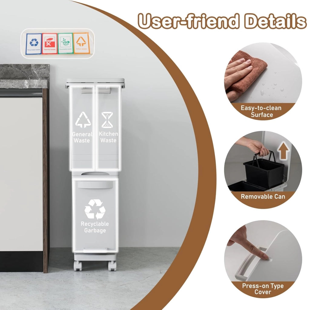 Pattumiera Tri Selectif da 32L per Cucina, 3-in-1 con 2 Contenitori Estraibili, Cassetti, Pedale e Ruote, Include Adesivi per Raccolta Rifiuti (Bianco)