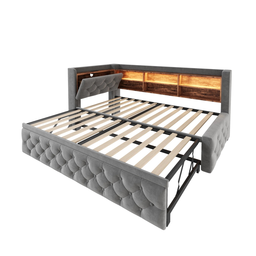 Letto a Divanetto 90x190 cm; Letto Singolo - LED; USB e Type-C - Velluto Grigio