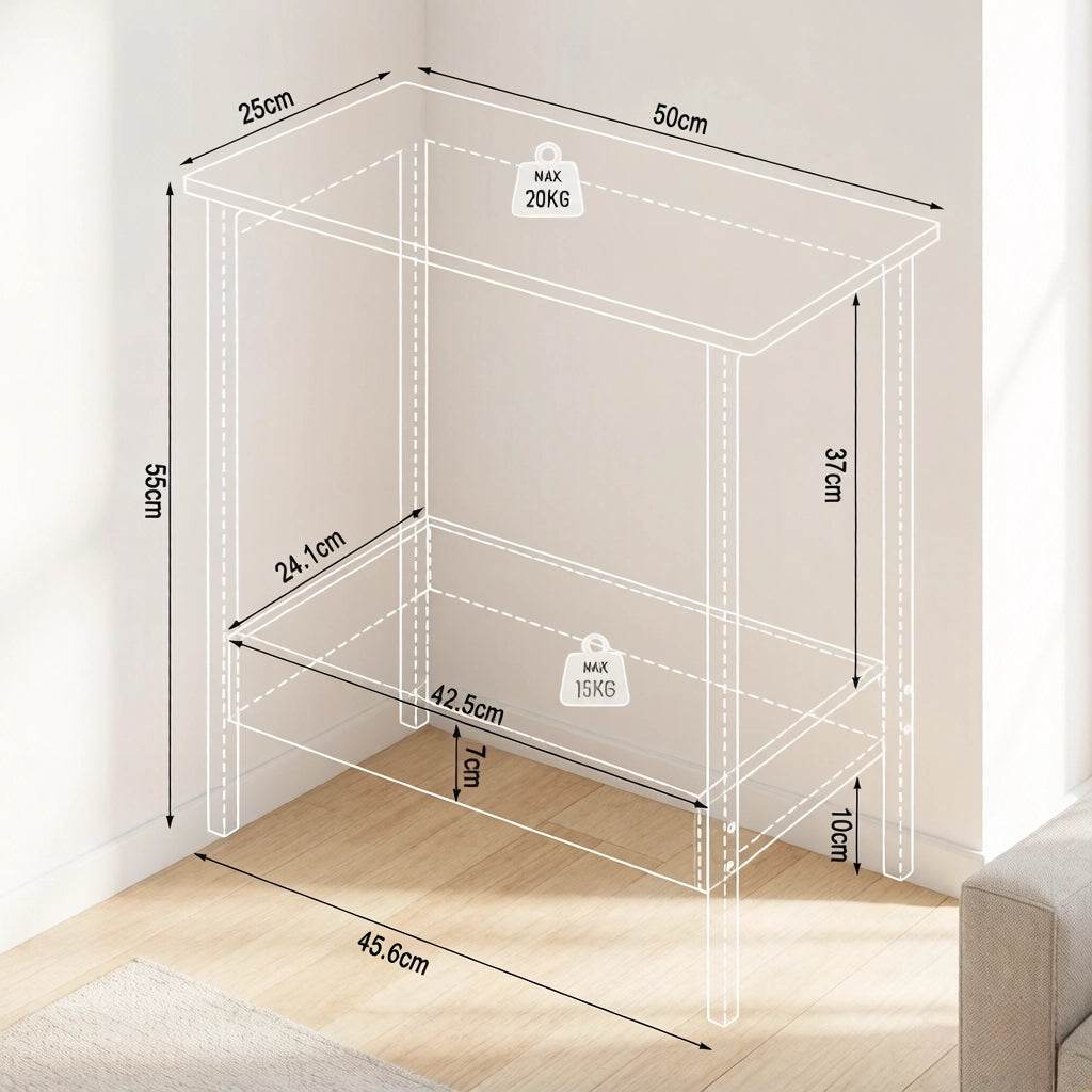 Tavolino basso con 2 ripiani e bordi rialzati, in legno ingegnerizzato e metallo, nero, per soggiorno e ingresso, 50 × 55 × 25 cm