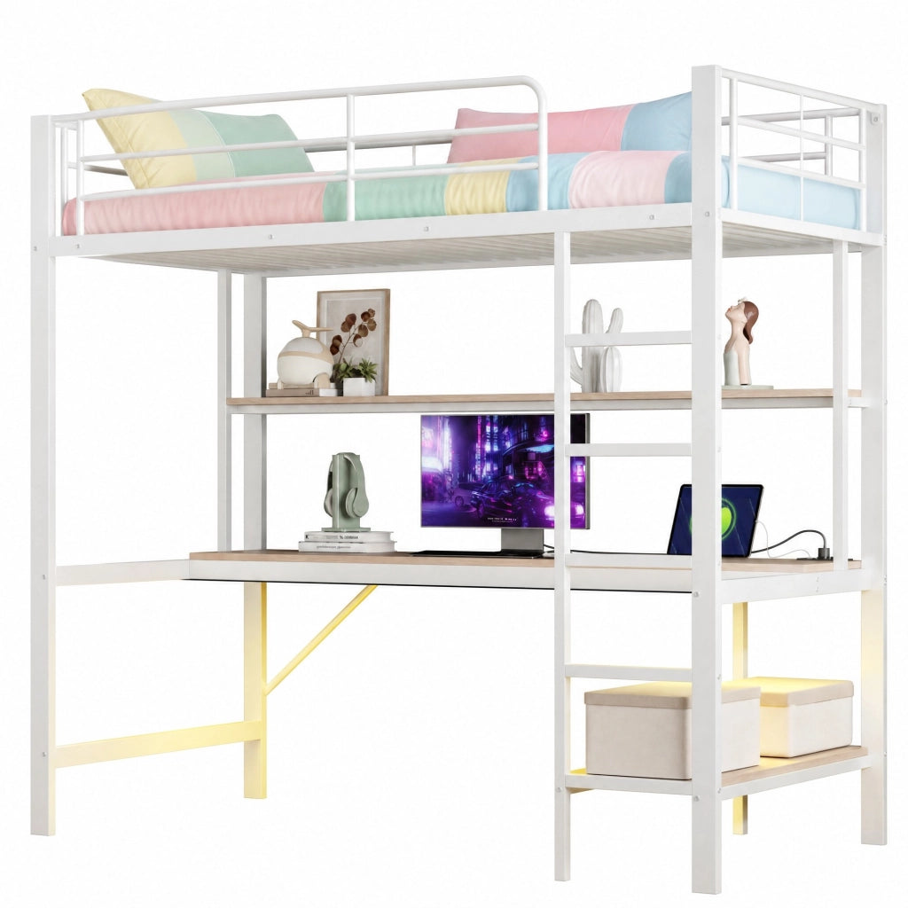 Letto a soppalco 90x200 cm con scrivania, LED e USB