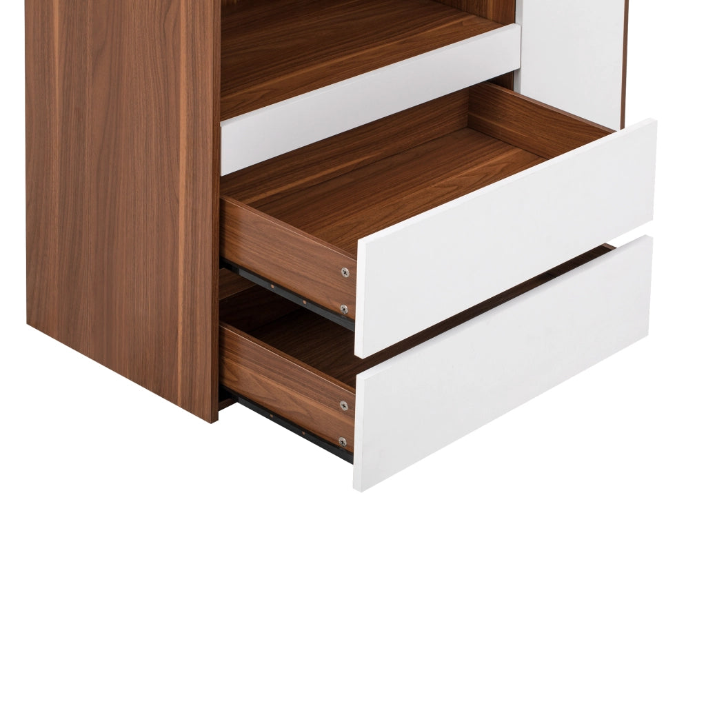 Credenza alta 100x40x200 cm con ripiano estraibile e cassetti in MDF bianco e noce