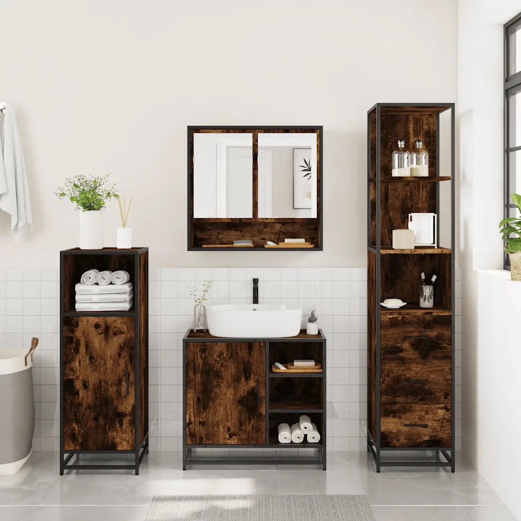 Set Mobili da Bagno 3 pz Rovere Fumo in Legno Multistrato