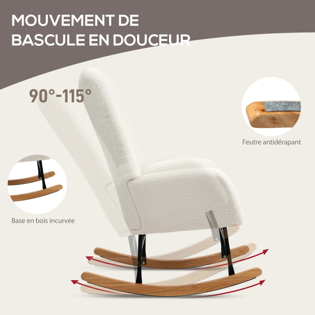 Poltrona a dondolo in tessuto boucl¨¦ ¨C zephmum ¨C crema con gambe in legno