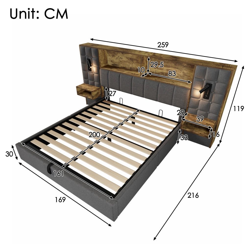 LETTO 160x200 cm in lino grigio con luci di lettura, USB e tavolini