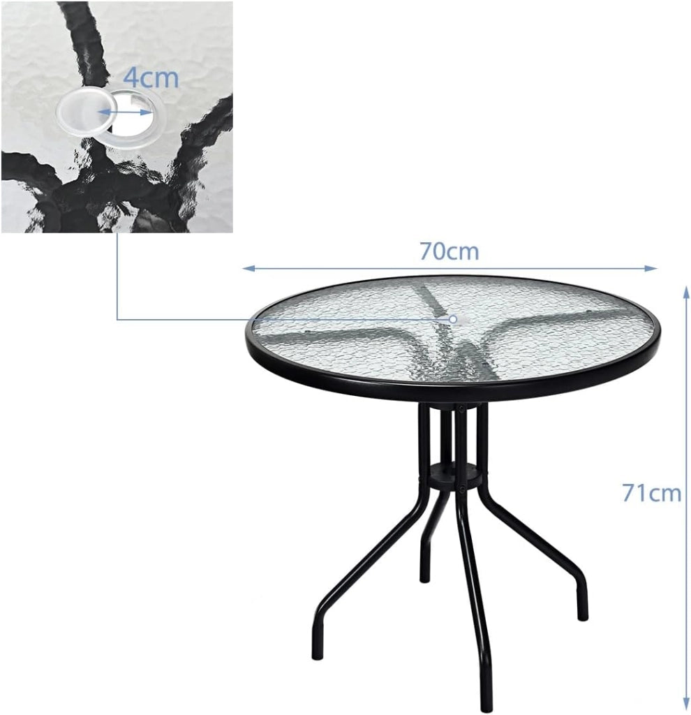 Tavolino da giardino 70 cm, tavolo da patio con piano in vetro temperato, telaio in metallo robusto con foro per ombrellone, tavolino rotondo per balcone, patio, bistrot